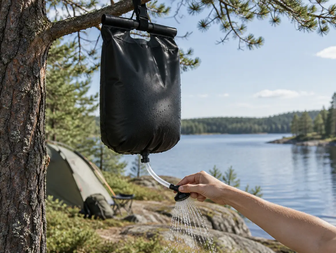 En svart duschpåse hänger i en tall vid en sjö och en hand håller duschmunstycket över klipphällen