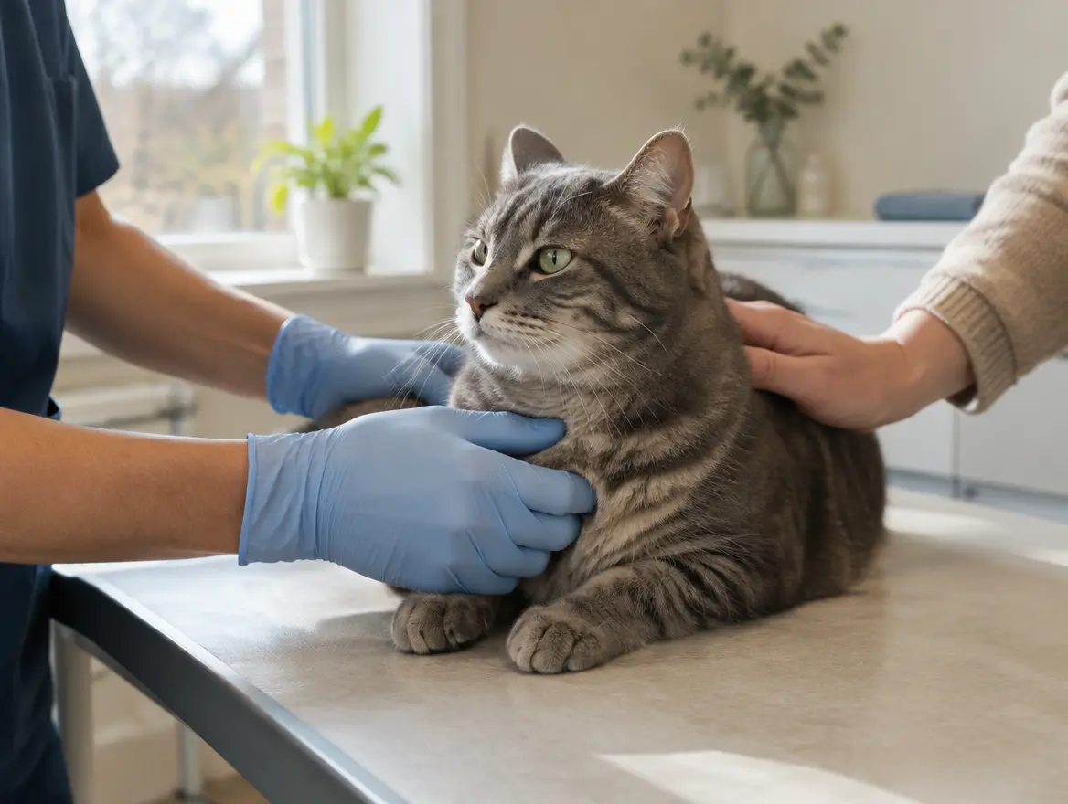 En veterinär undersöker en lugn grå katt på ett undersökningsbord medan ägaren håller en hand på katten