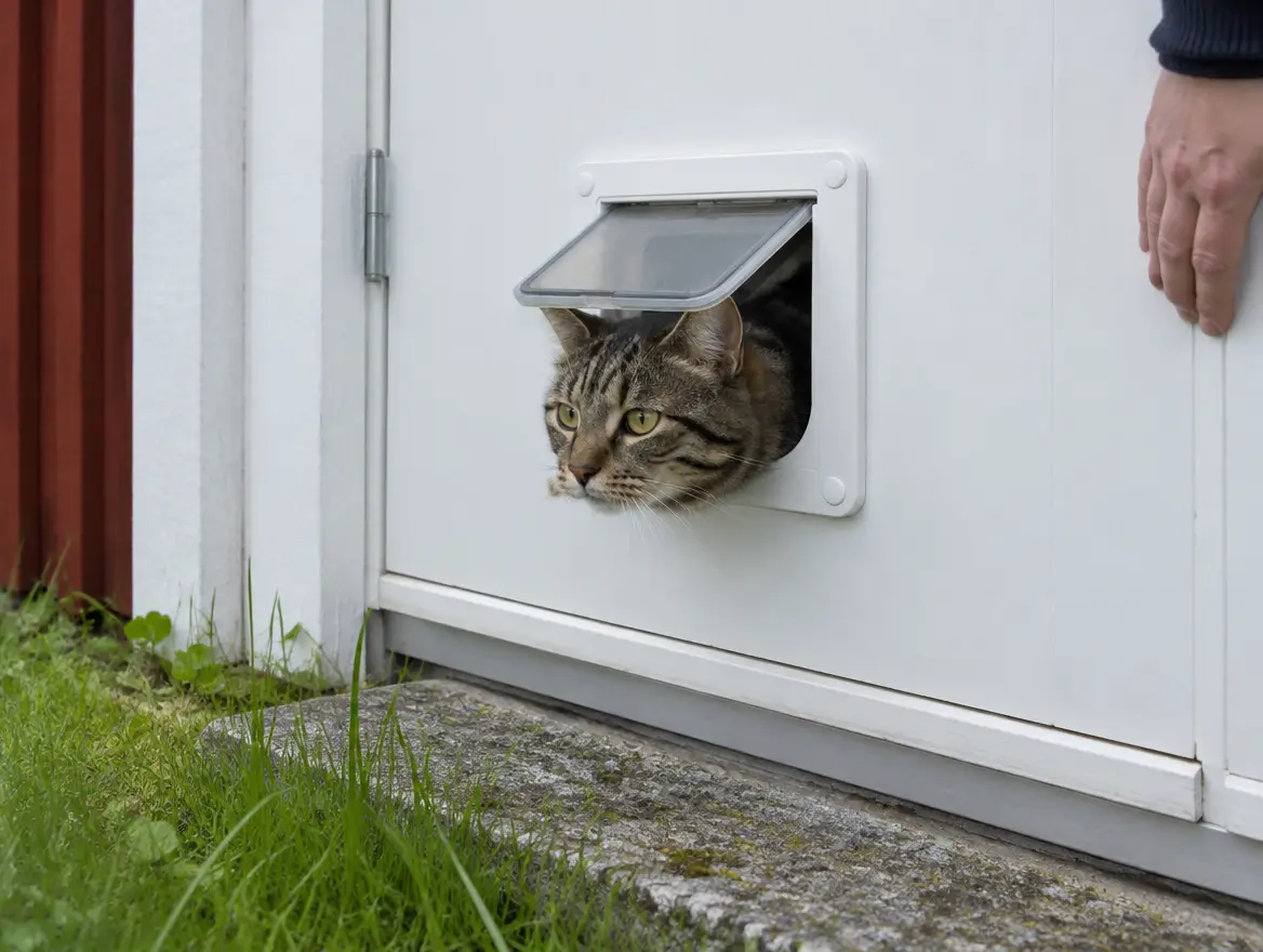 En katt tittar ut genom en vit kattlucka i en vit trädörr, sedd från trädgården