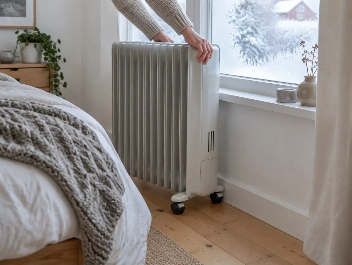 En hand rullar ett oljefyllt element på hjul fram till ett sovrumsfönster, snö och ett rött hus utanför