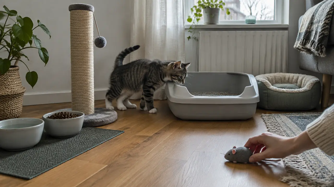En kattunge nosar på en kattlåda i ett vardagsrum med klösträd, skålar och bädd
