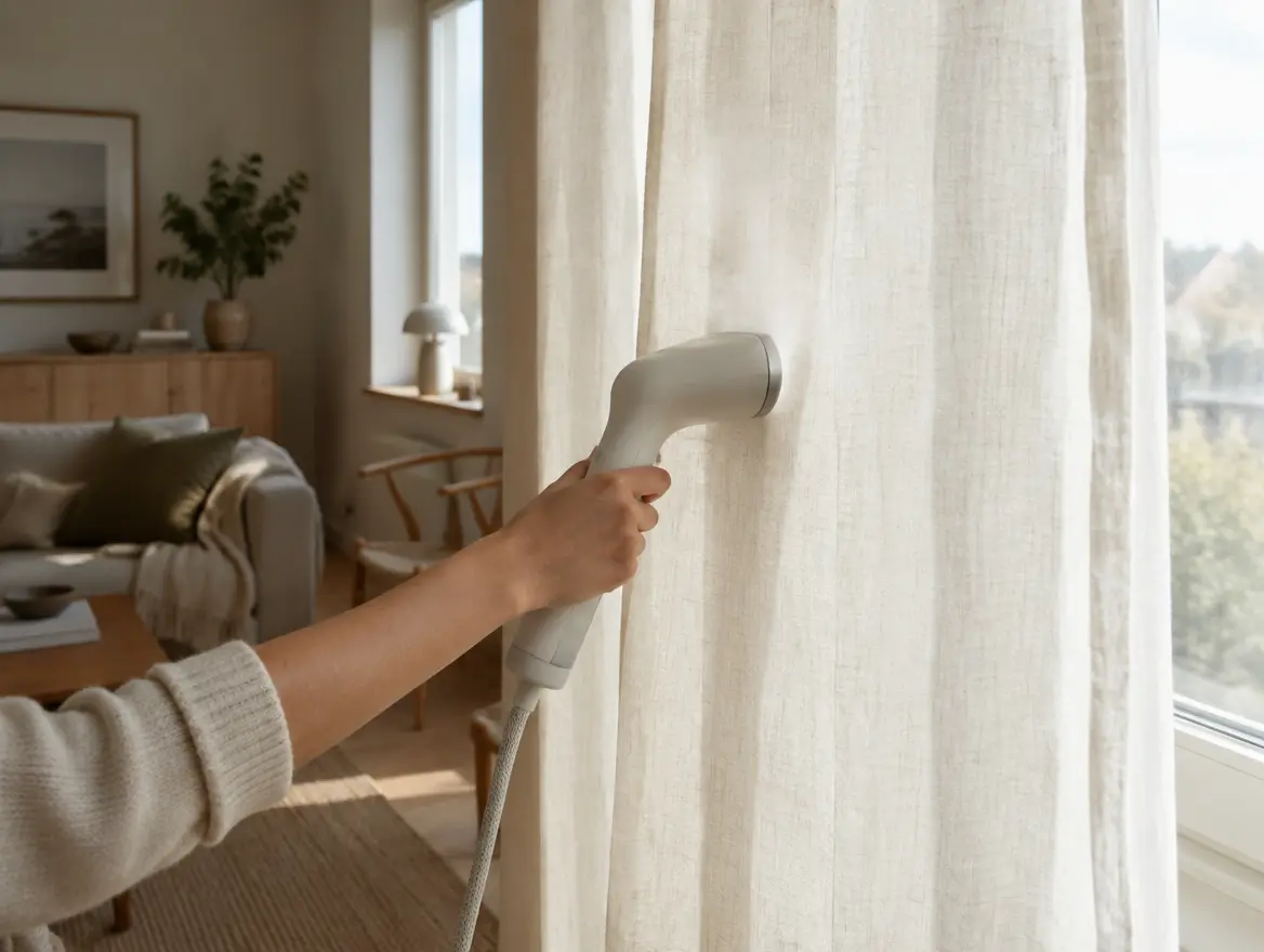 En hand ångar en linnegardin vid ett fönster med en handhållen klädsteamer