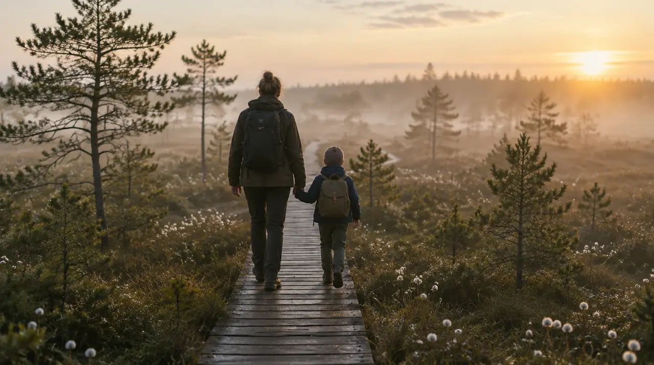 En vuxen och ett barn går hand i hand på en spång över en myr i morgondimma