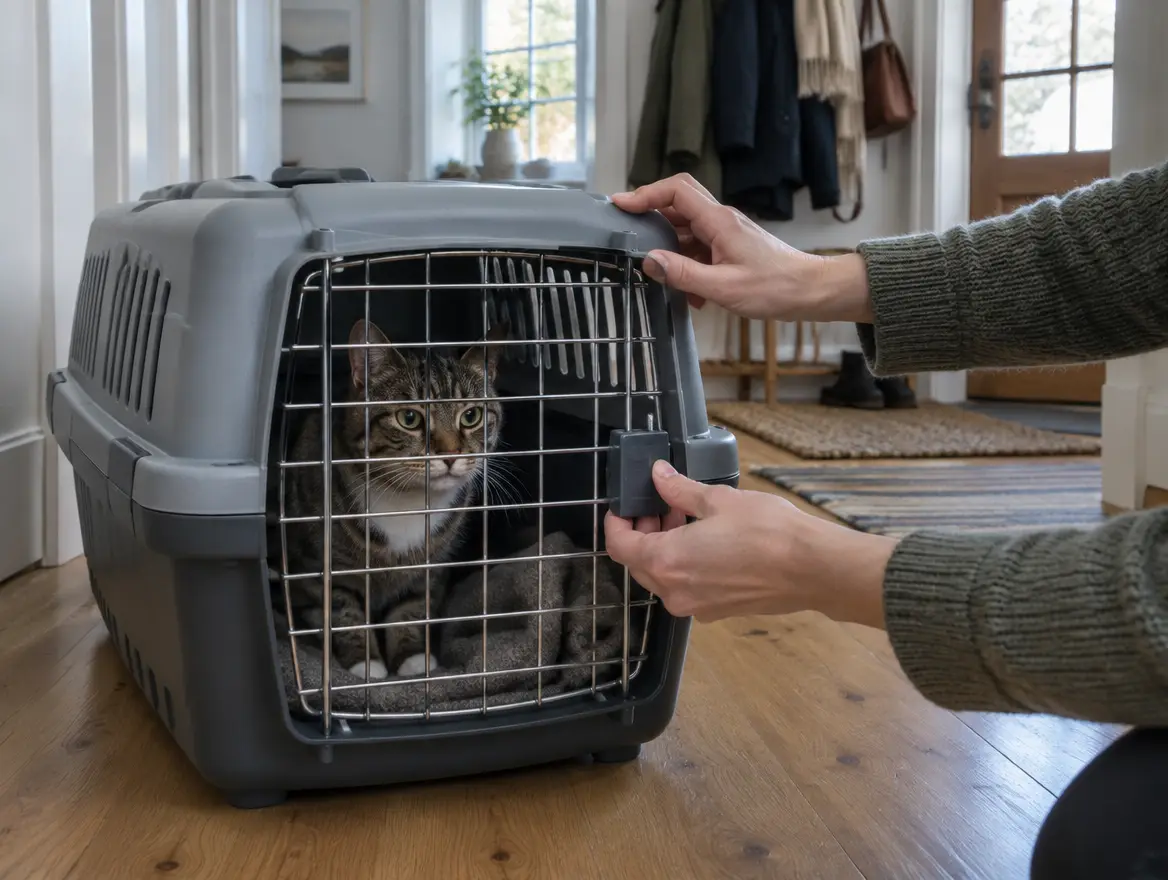 Händer stänger gallerdörren på en grå transportbur i plast där en tabbykatt sitter, i en ljus hall