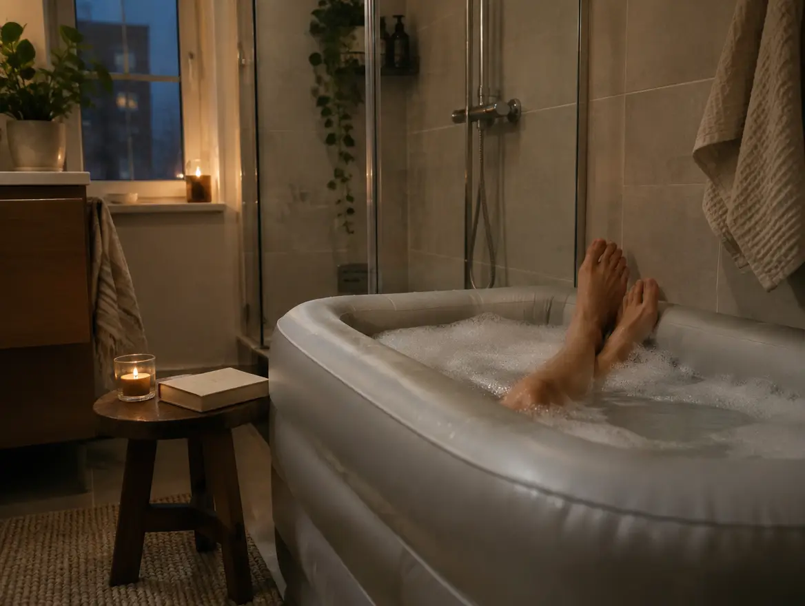 Fötter vilar i ett uppblåsbart badkar med skum i ett badrum med dusch, levande ljus och en bok på en pall bredvid